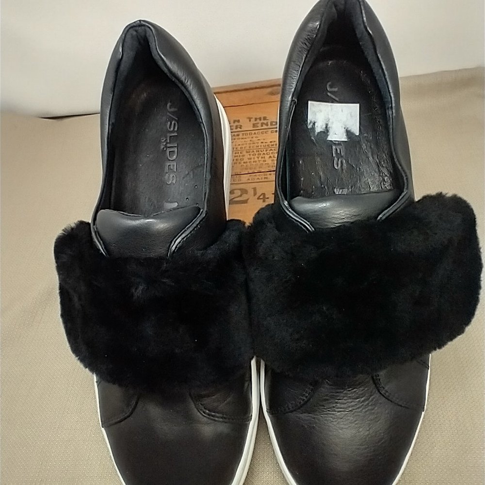 J/SLIDES NYC BLACK LEATHER SLIP ON SNEAKERS SIZE 9.5 - Picture 4 of 11